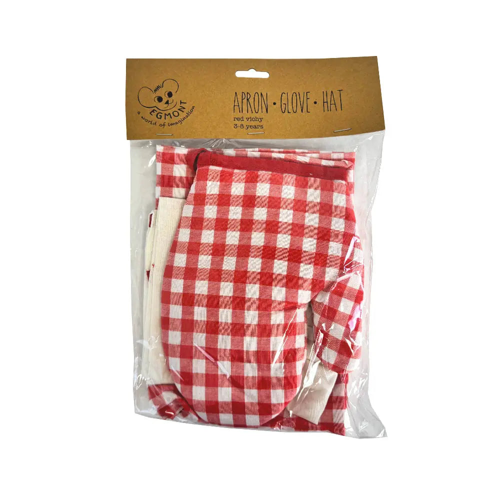 Red gingham chef set (apron, hat, mitt)