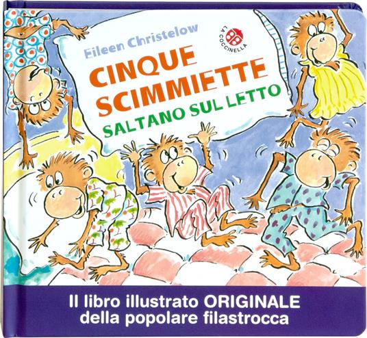 Cinque scimmiette saltano sul letto.