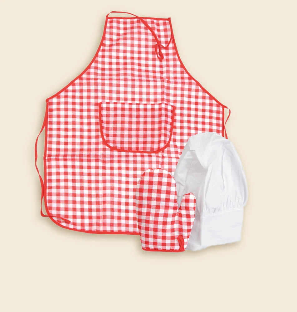 Red gingham chef set (apron, hat, mitt)