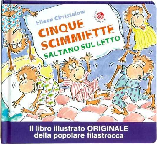 Cinque scimmiette saltano sul letto.